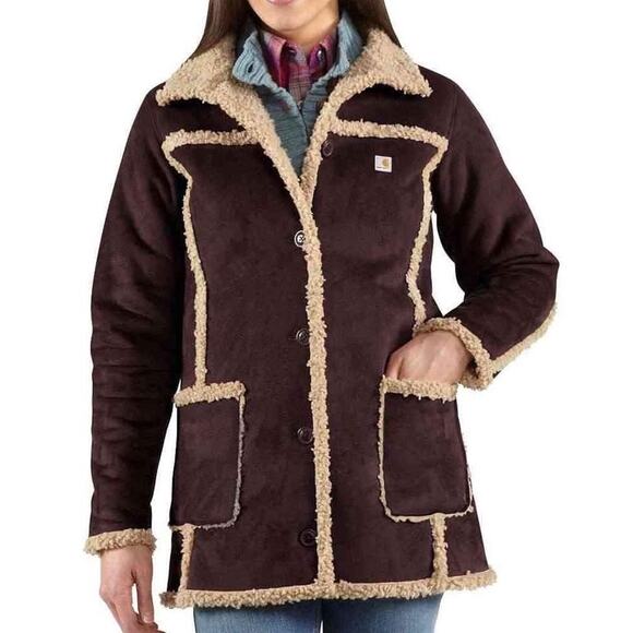 Carhartt Boulder Jacket Parka in Suede Sherpa Size Medium Brown/Plum - Picture 1 of 16